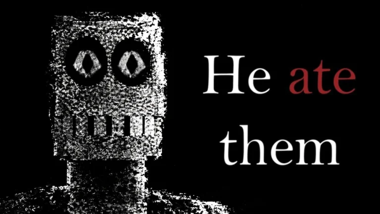 A monochrome block-shaped creature with diamond-shaped eyes and vertical teeth beside the He Ate Them title; its character identity is not confirmed.