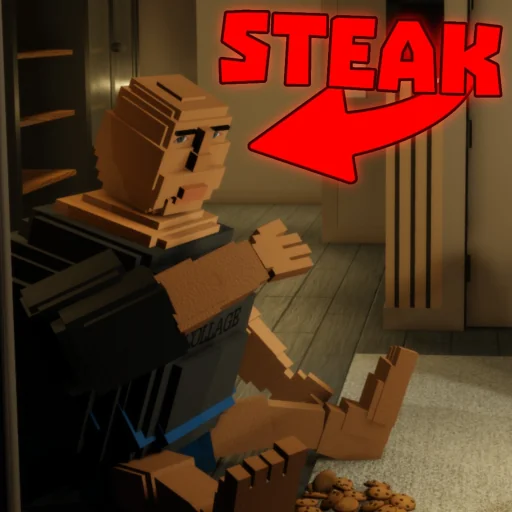 A seated block character and a cookie in the official He Ate Them Roblox icon, with a red Steak label and arrow.