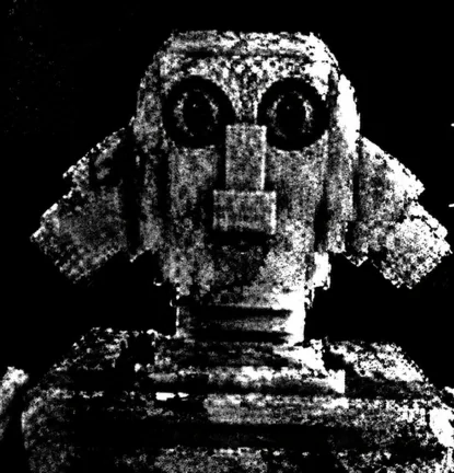 A grainy black-and-white block-shaped creature in official He Ate Them promotional artwork.