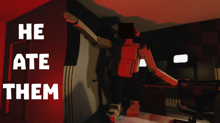 A long-armed block figure in a red-lit room in official He Ate Them promotional artwork; the chapter is not identified.